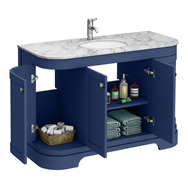 Period Bathroom Co. 1220mm Curved Vanity Unit with White Marble Basin Top   Cobalt Blue - Image 2