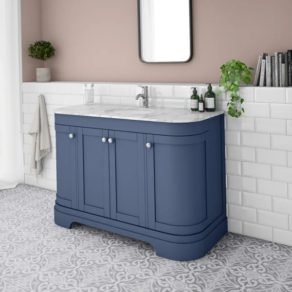 Period Bathroom Co. 1220mm Curved Vanity Unit with White Marble Basin Top   Cobalt Blue