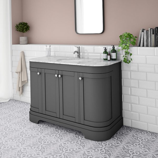 Period Bathroom Co. 1220mm Curved Vanity Unit with White Marble Basin Top   Dark Grey - Image 3