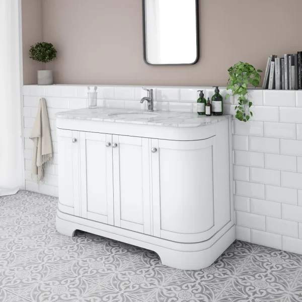 Period Bathroom Co. 1220mm Curved Vanity Unit with White Marble Basin Top   White