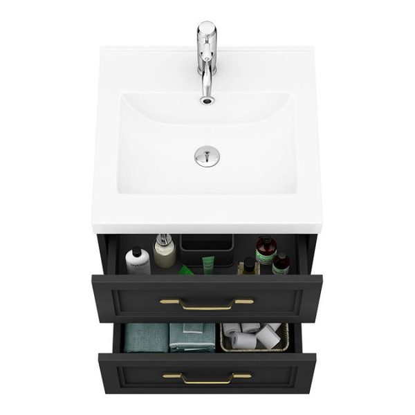 Trafalgar Wall Hung Vanity   Matt Black   500mm 2 Drawer with Brushed Brass Handles - Image 2