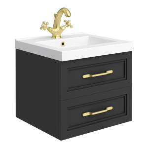 Trafalgar Wall Hung Vanity   Matt Black   500mm 2 Drawer with Brushed Brass Handles