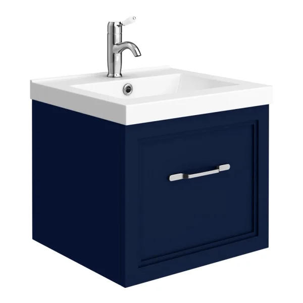 Trafalgar Wall Hung Vanity   Matt Blue   500mm 1 Drawer with Chrome Handle