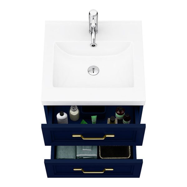 Trafalgar Wall Hung Vanity   Matt Blue   500mm 2 Drawer with Brushed Brass Handles - Image 2