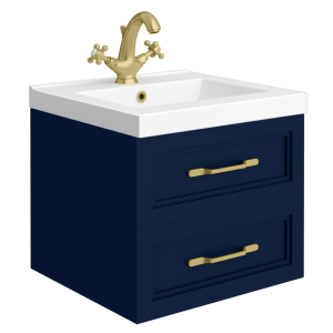Trafalgar Wall Hung Vanity   Matt Blue   500mm 2 Drawer with Brushed Brass Handles