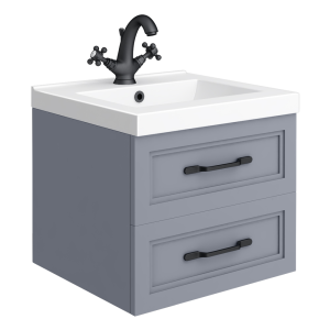 Trafalgar Wall Hung Vanity   Matt Grey   500mm 2 Drawer with Matt Black Handles