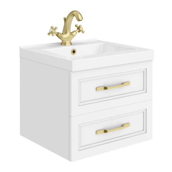 Trafalgar Wall Hung Vanity   Matt White   500mm 2 Drawer with Brushed Brass Handles