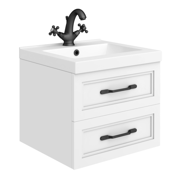 Trafalgar Wall Hung Vanity   Matt White   500mm 2 Drawer with Matt Black Handles