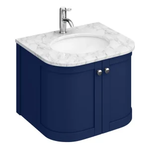 Period Bathroom Co. 620mm Curved Wall Hung Vanity with White Marble Basin Top   Cobalt Blue