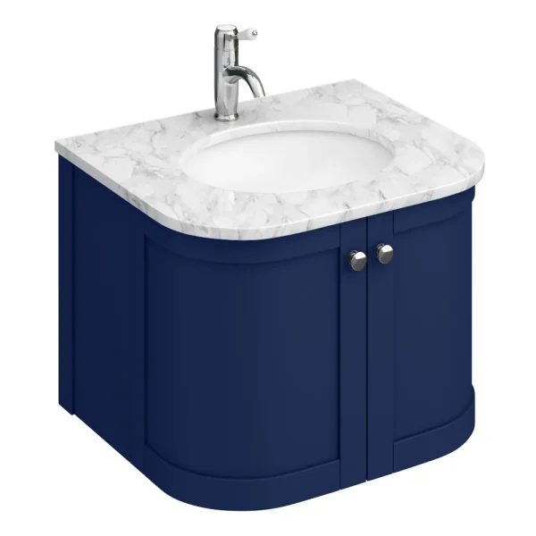 Period Bathroom Co. 620mm Curved Wall Hung Vanity with White Marble Basin Top   Cobalt Blue