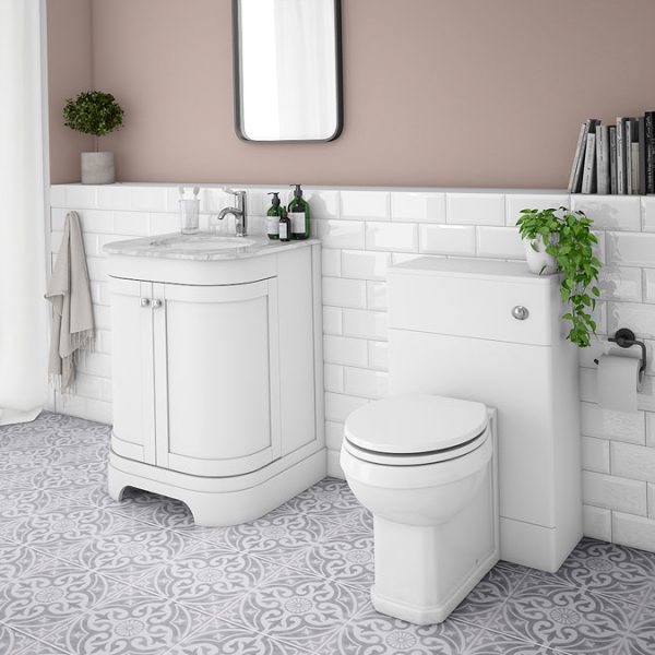 Period Bathroom Co. 620mm Curved Vanity Unit with White Marble Basin Top   White - Image 3