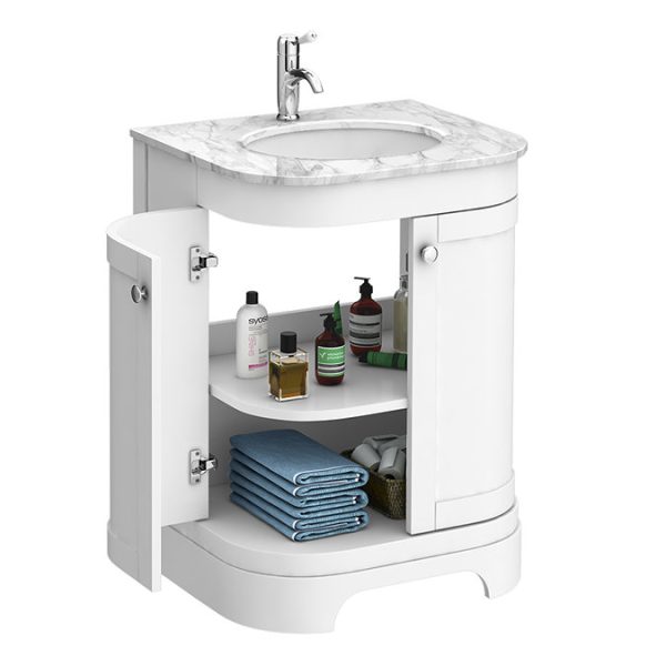 Period Bathroom Co. 620mm Curved Vanity Unit with White Marble Basin Top   White - Image 2