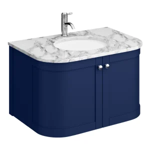Period Bathroom Co. 820mm Curved Wall Hung Vanity with White Marble Basin Top   Cobalt Blue