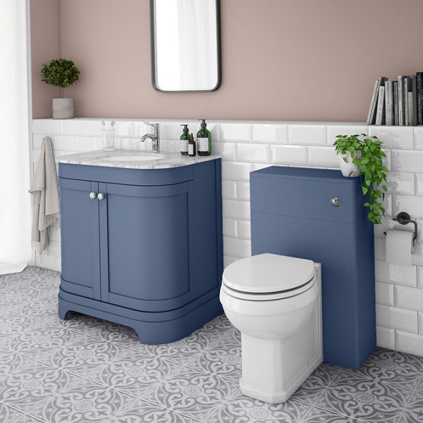 Period Bathroom Co. 820mm Curved Vanity Unit with White Marble Basin Top   Cobalt Blue - Image 3