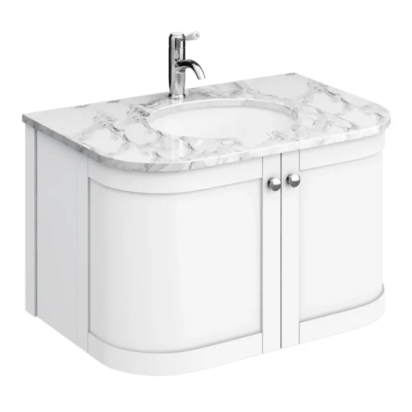 Period Bathroom Co. 820mm Curved Wall Hung Vanity with White Marble Basin Top   White