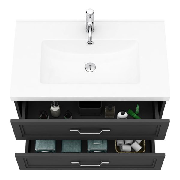 Trafalgar Wall Hung Vanity   Matt Black   800mm 2 Drawer with Chrome Handles - Image 3