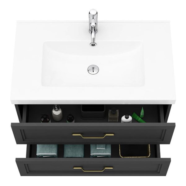 Trafalgar Wall Hung Vanity   Matt Black   800mm 2 Drawer with Brushed Brass Handles - Image 2