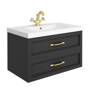 Trafalgar Wall Hung Vanity   Matt Black   800mm 2 Drawer with Brushed Brass Handles