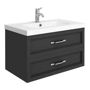 Trafalgar Wall Hung Vanity   Matt Black   800mm 2 Drawer with Chrome Handles