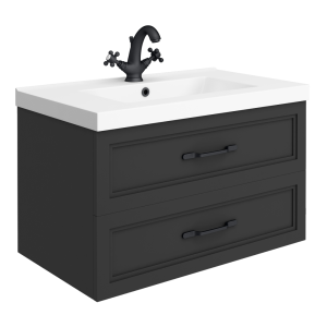 Trafalgar Wall Hung Vanity   Matt Black   800mm 2 Drawer with Matt Black Handles