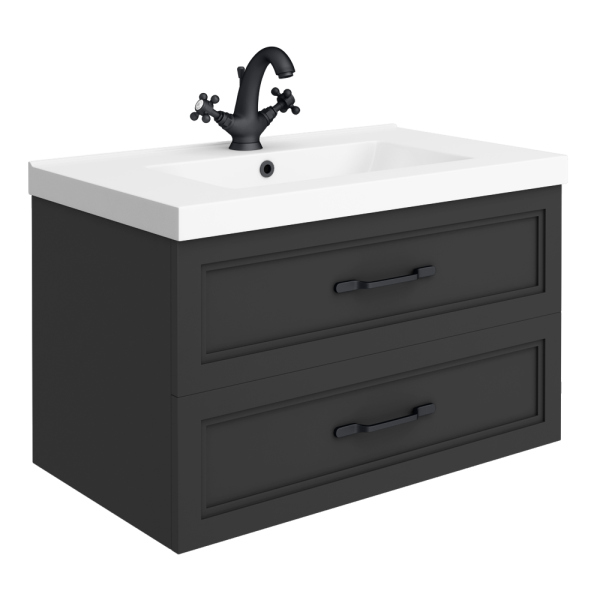 Trafalgar Wall Hung Vanity   Matt Black   800mm 2 Drawer with Matt Black Handles