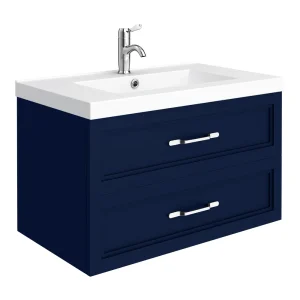 Trafalgar Wall Hung Vanity   Matt Blue   800mm 2 Drawer with Chrome Handles