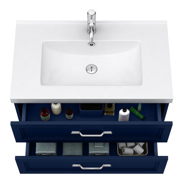Trafalgar Wall Hung Vanity   Matt Blue   800mm 2 Drawer with Chrome Handles - Image 3