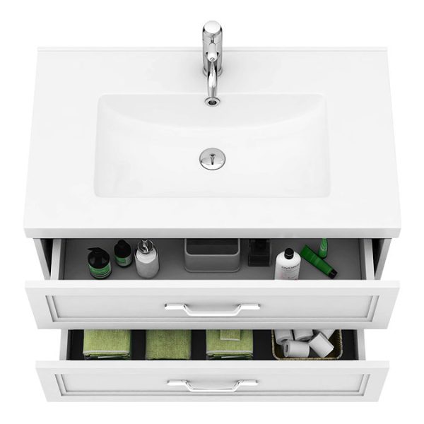 Trafalgar Wall Hung Vanity   Matt White   800mm 2 Drawer with Chrome Handles - Image 3