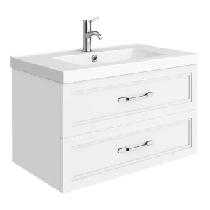 Trafalgar Wall Hung Vanity   Matt White   800mm 2 Drawer with Chrome Handles