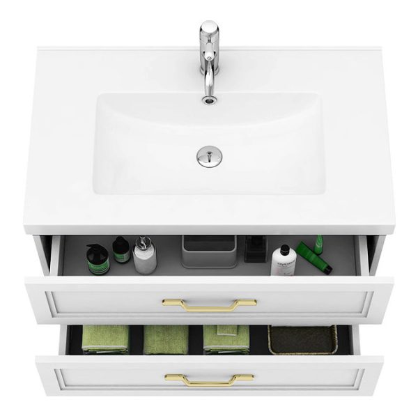 Trafalgar Wall Hung Vanity   Matt White   800mm 2 Drawer with Brushed Brass Handles - Image 2