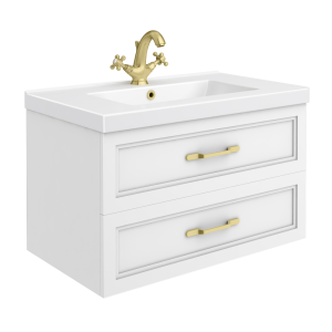 Trafalgar Wall Hung Vanity   Matt White   800mm 2 Drawer with Brushed Brass Handles