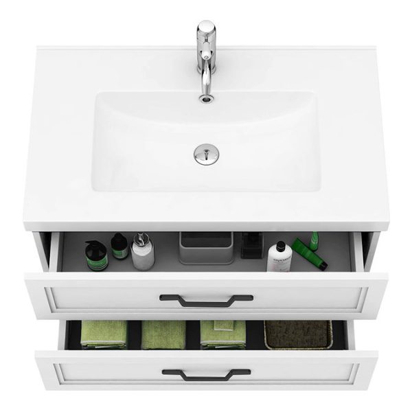 Trafalgar Wall Hung Vanity   Matt White   800mm 2 Drawer with Matt Black Handles - Image 2