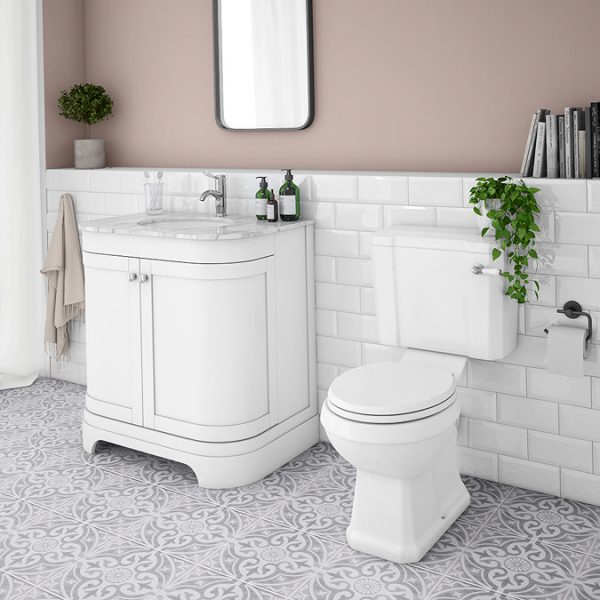 Period Bathroom Co. 820mm Curved Vanity Unit with White Marble Basin Top   White - Image 3