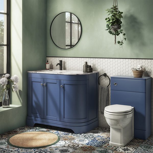 Period Bathroom Co. 920mm LH Offset Vanity Unit with White Marble Basin Top   Cobalt Blue - Image 3