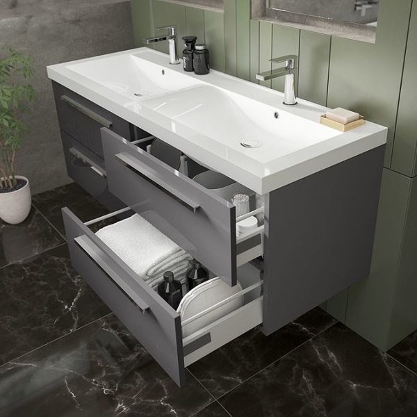 Hudson Reed 1440mm Gloss Grey Quartet Double Basin Vanity Unit - Image 3