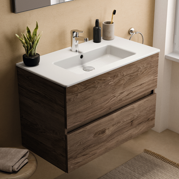 Ideal Standard Eurovit+ 80cm Wall Hung 2 Drawer Vanity Unit with Basin   Flint Hickory
