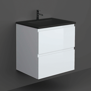 RAK Joy Matt White 600mm 2 Drawer Wall Hung Vanity Unit with Black Basin