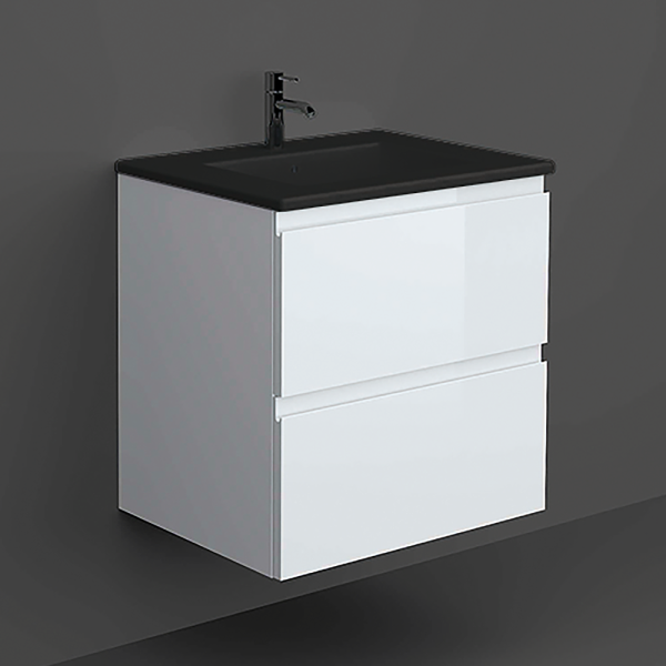 RAK Joy Matt White 600mm 2 Drawer Wall Hung Vanity Unit with Black Basin