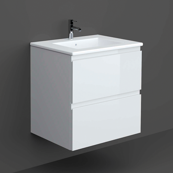RAK Joy Matt White 600mm 2 Drawer Wall Hung Vanity Unit with White Basin