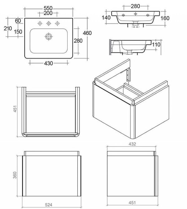 RAK Resort 550mm 1 Drawer Wall Hung Vanity Unit with Basin   Matt Grey - Image 2