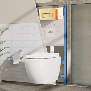 VitrA Evi Round Rimless Toilet with Soft Close Seat + Concealed WC Dual Flush Cistern with Wall Hung Frame (Brushed Gold Flush Plate)