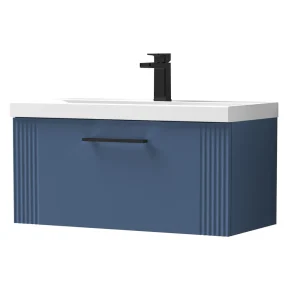 Roxbury Deco Fluted 800mm Blue Vanity Unit   Wall Hung 1 Drawer Unit & Matt Black Handle