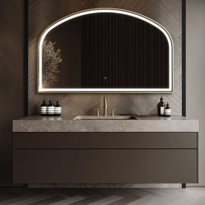 Roxbury Overmantle Arch 750 x 1200mm Frontlit LED Brushed Brass Mirror with Demister Pad