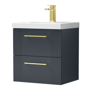 Roxbury Deco Fluted 500mm Anthracite Grey Vanity Unit   Wall Hung 2 Drawer Unit with Brushed Brass Handles