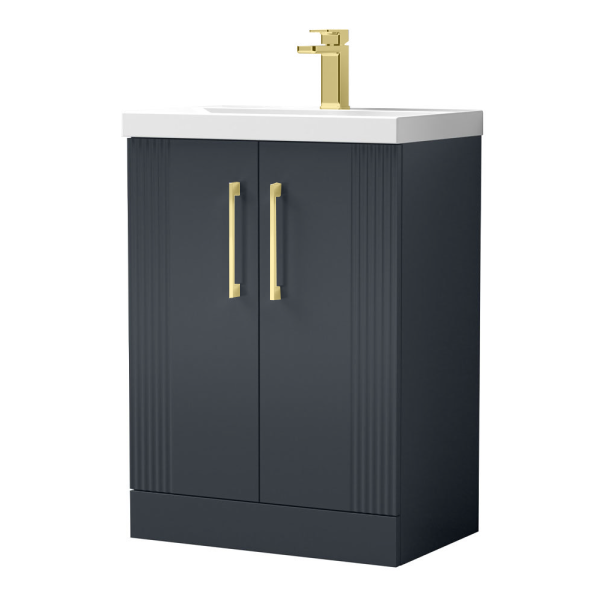 Roxbury Deco Fluted 600mm Anthracite Grey Vanity Unit   Floor Standing 2 Door Unit with Brushed Brass Handles