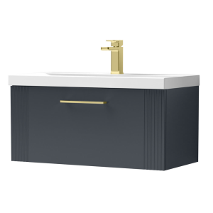 Roxbury Deco Fluted 800mm Anthracite Grey Vanity Unit   Wall Hung 1 Drawer Unit & Brushed Brass Handle
