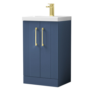 Roxbury Deco Fluted 500mm Blue Vanity Unit   Floor Standing 2 Door Unit With Brushed Brass Handles