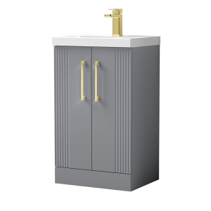Roxbury Deco Fluted 500mm Grey Vanity Unit   Floor Standing 2 Door Unit With Brushed Brass Handles