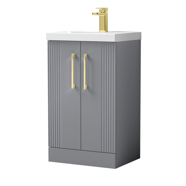 Roxbury Deco Fluted 500mm Grey Vanity Unit   Floor Standing 2 Door Unit With Brushed Brass Handles