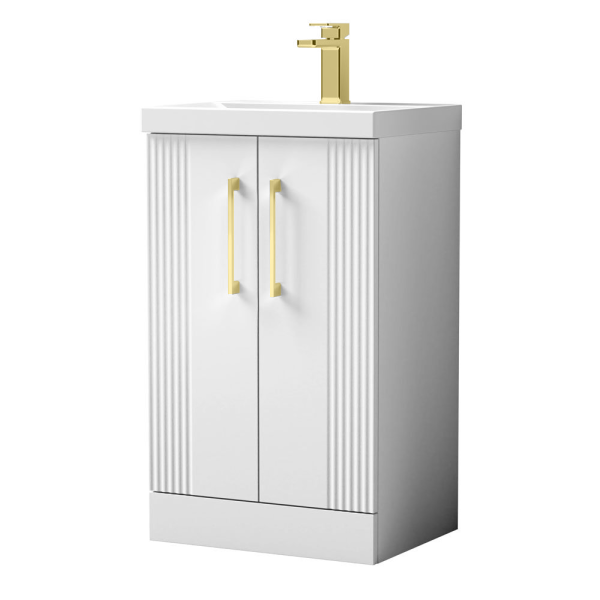 Roxbury Deco Fluted 500mm White Vanity Unit   Floor Standing 2 Door Unit with Brushed Brass Handles